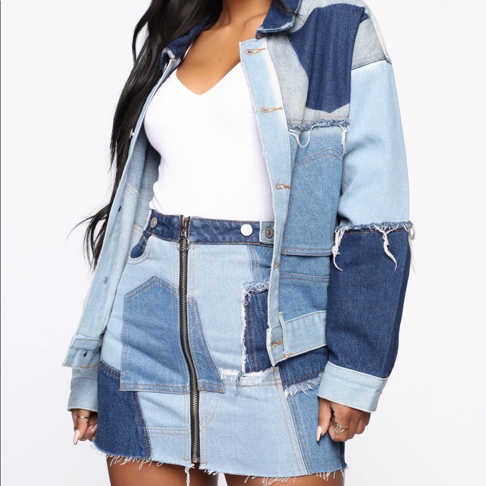 Fashion Nova Denim Patches Jacket and Skirt set